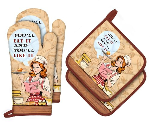 Arquiel Retro Housewife Oven Mitts and Pot Holders Sets 4Pcs, 100% Cotton Heat Resistant, Extra Long Oven Gloves Potholder for Kitchen Cooking Baking Decoration, Housewarming Gifts for Mom