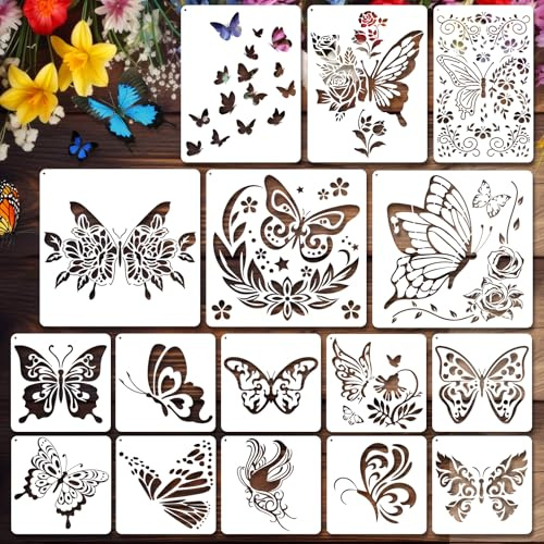JSRQT 16 Pezzi Modelli di Stencil Farfalla di Dimensioni Miste, Stencil Farfalla per Artigianato Riutilizzabili, Set Stencil per Disegno in Plastica per Decorazioni Tela Legno Pareti Mobili Fai da Te