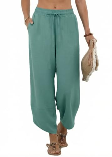 PrinStory Pantaloni estivi da donna in vita elastica pantaloni larghi a vita alta Palazzo Pantaloni con tasche, Verde acqua , L