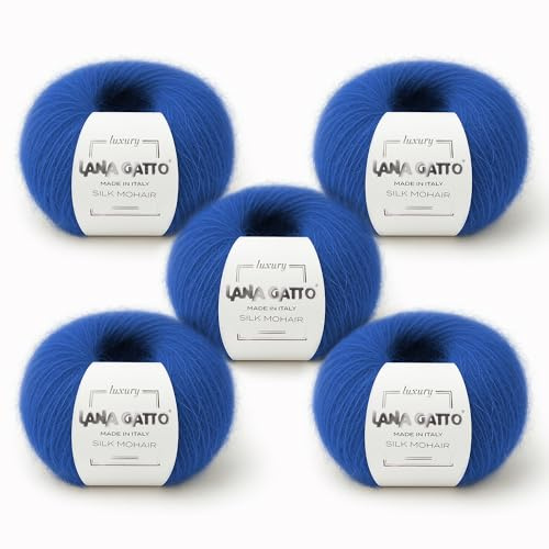 5 Ovillos 125 gr. Hilo de Mohaire Seda para tricotar Lana Gatto Luxury Silk Mohair Line, mezcla premium y suave para tejer y ganchillo, Made in Italy (Azul - 30146, 5)