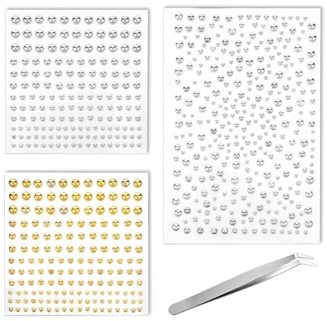 YQQYG 3 Sheet Fake Eyebrow Piercing, 3/4/5/6mm Fake Nose Stud Piercings, Gold and Silver Stick On Piercing Jewellery with Tweezers for Punk Y2K Makeup Accessories (650 PCS)