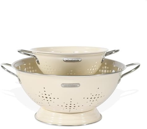 Metal Colander 2 Pack, Strainer Bowel with Handles 2Qt & 6Qt Powder Coated Solid Ring Base Heavey Duty Kitchen Drainer Basket for Pasta Veggies and Fruits,New Home Apartment Essentials (Almond Cream)