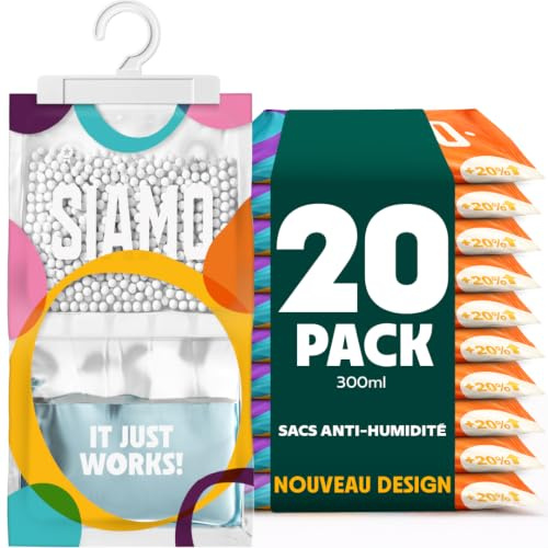 Bolsas Antihumedad Armarios - SIAMO - Deshumidificador colgante, absorbe humedad, moho y olores en armarios, casa, trastero, coche y ropa - Percha absorbente, 120 g, 24x14 cm (Pack 20)