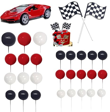 Eowppue Topper Torta Compleanno Macchine, Decorazione Cake Racing per Feste, 27 Palline + Auto + Bandiera a Scacchi, Materiale Plastico, Tema Racing