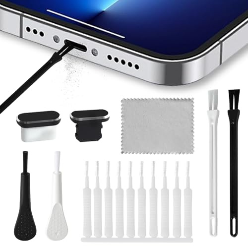 Phone Cleaning Kit with 14 Pcs Charging Port Cleaning Brushes, 1 Microfiber Cloth, and USB-C & Lightning Dust Plugs, Charging Port Cleaning Kit for Headphones, Laptops, and Keyboards
