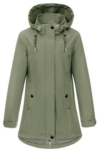 CMTOP Chaqueta Mujer Entretiempo Softshell Impermeable, Chaquetas Mujer Larga Cortavientos con Capucha Desmontable, Parka Abrigo Ligera con Bolsillos para Primavera y Otoño(verde,L)