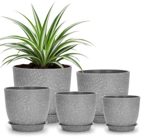 KINGLAKE 5 Pack Plant Pots Indoor, 17.8/16/14/12.5/11.5cm Multi Size Modern Matte Plastic Flower Pots Set with Saucers and Drainage Holes for House Plants, Succulents, Herbs (Grey with Speckles)