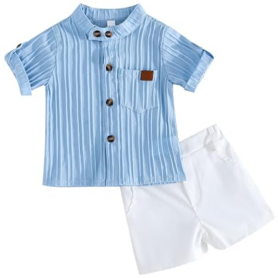 LUVCES Conjunto Ropa para Niños Pequeños Manga Larga Camisa Abotonada Tops y Pantalones Cortos con Botones y Bolsillos 2 Piezas Verano Chándal Traje Azul 12-18 Meses