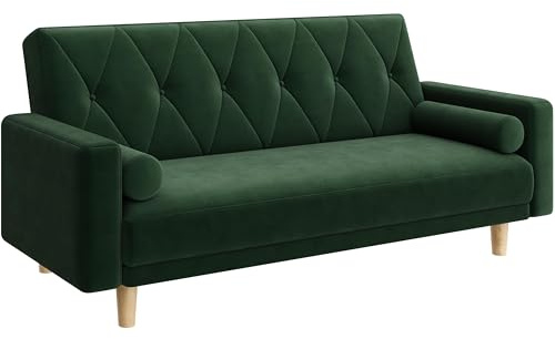Yaheetech Convertible Click Clack Sofa Bed with 2 Bolster Pillows, Green | 3 Adjustable Recline Positions, Velvet Fabric, Click Clack Convertible, Removable Arms, for Living Room, Guest Room, Bedroom