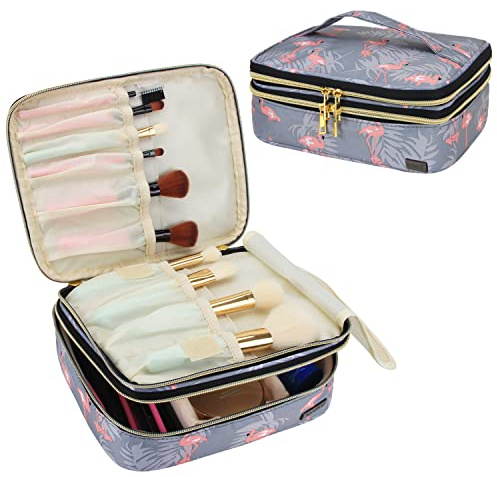 Teamoy Travel Makeup Brush Organizer, Cosmetic Brushes Bag Case with Compartment for Brushes and Beauty Essentials, Flamingo