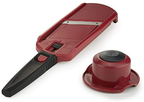 Börner Multi Slicer (Coupe-légumes + Porte-Fruit) • Coupe Légumes pour Tranches en 2 Épaisseurs • Trancheur de Légumes & Fruit • Mini Mandoline • Rouge avec Poignée Noir