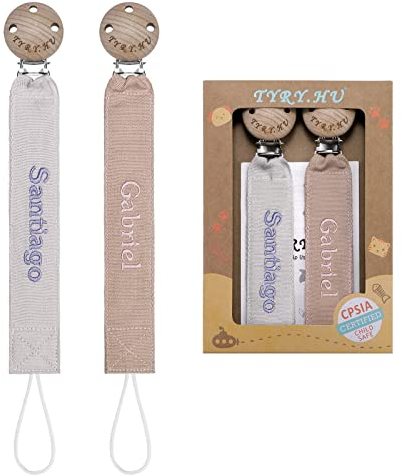TYRY.HU Chupetero Personalizado para Bebé con Nombre Cadenas Chupetes 2 piezas DIY para Niño y Niñas Unisex Recién Nacido Universal Regalo para bebés Cinta suave Sin BPA(Gris+Kaki)