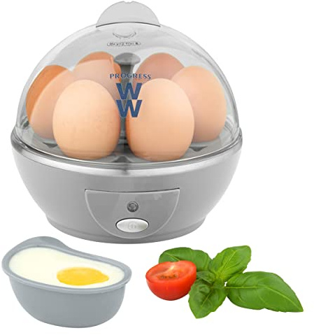 PROGRESS WW EK5255WW Electric Egg Cooker with 2 Poachers, 6 Egg Capacity, Soft or Hard Boiled, Poached, Breakfast, Brunch, Egg Piercer, Power On Button, 430 W