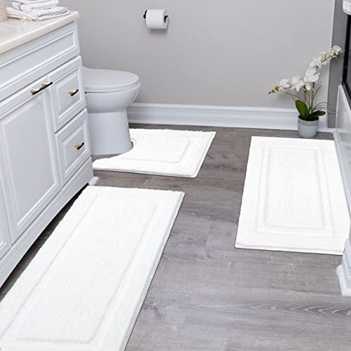 SHACOS White Bathroom Rugs Sets 3 Piece, 20x32 + 20x47 Non Slip Bath Mat and 20x24 Toilet Rugs U Shaped Washable, Soft Fluffy Water Absorbent Bathroom Floor Mat
