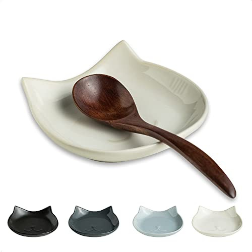 Miamolo Cat Spoon Rest for Stove Top, Cute Spoon Holder for Kitchen Counter 5.12 Inch, Ceramic Spoon Rest for Cooking Utensils Spatula Sponge, White