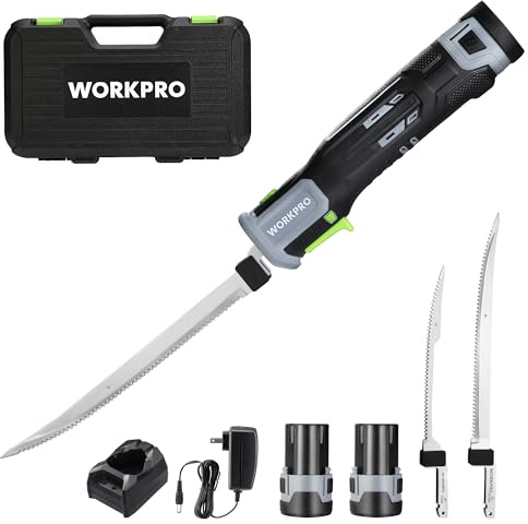 WORKPRO 12V Cordless Electric Fillet Knife with 8 & 10 Razor-Sharp Blades, Non-Slip Grip Handle, Safety Lock, 2 Rechargeable Batteries, Quick Battery Charger & Carry Case for Fishing and Filleting