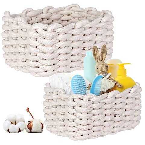 Nizirioo 2 cestini portaoggetti in cotone, corda di cotone intrecciato, per la cameretta dei bambini, il soggiorno, il bagno, D27 x 17 cm + D33 x 22 cm (bianco non dritto)
