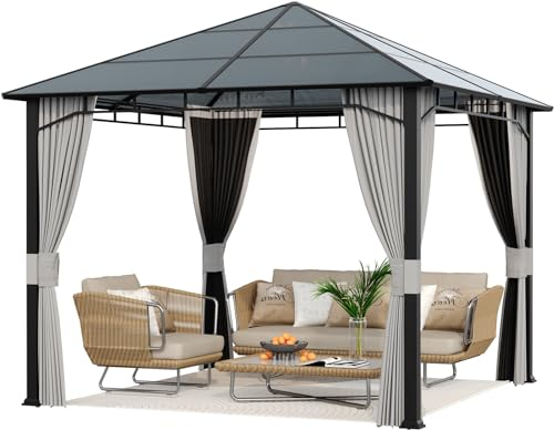 Amopatio Gartenpavillon 3x3 m Wasserdicht Stabil Winterfest, Pavillon mit Polycarbonat - Dach, Hardtop Pavillon mit Seitenteile für Garten, Terrassen (Grau)