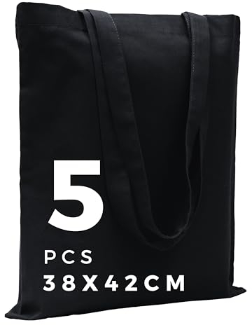 POLHIM® Hochwertige Stoffbeutel - Beutel für Wäsche, Sport, Shopping, Lebensmittel - Umweltfreundliche, Wiederverwendbare Jutebeutel -Unbedruckte 38 x 42 cm, 145 gr/m2, 5 Stück (Schwarz)