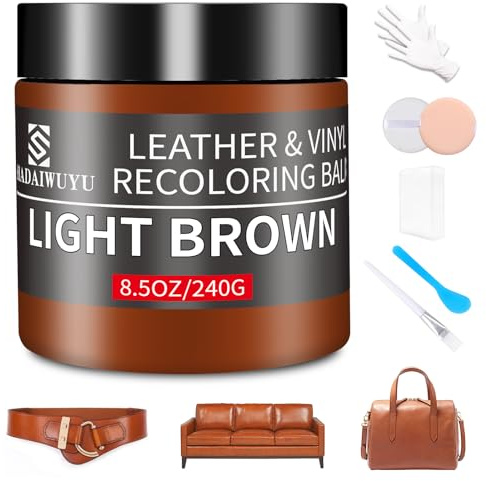 Leather Recoloring Balm,8.5oz Leather Color Restorer,Light Brown Leather Repair kit for Furniture and Car Interior,Leather Couch Scratch Repair,Leather Dye Paint for Faded,Cracked and Damaged Leather