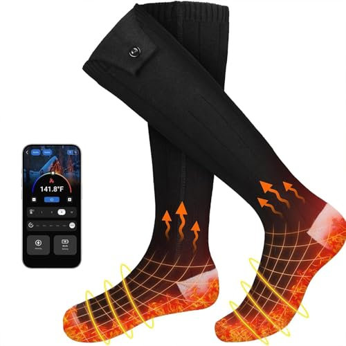 Beheizbare Socken, 5000mAh/5V Wiederaufladbare Heizsocken,APP-Steuerung Beheizte Socken mit 4 Temperaturen,für Camping Angeln Radfahren Skifahren Skaten Wandern Camping (one Size)