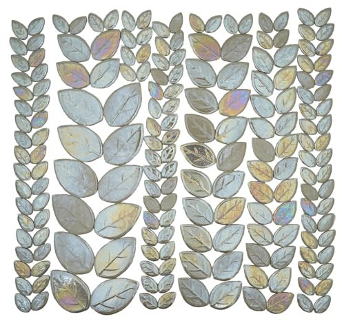 Yuvori Iridescent Ceramic Leaf Mosaic Tiles, Mixed Sizes, 1.1 lbs, Beautiful Colors, Perfect for DIY Crafts, Indoor & Outdoor Decor, Garden Art & Mosaic Projects (White Leaves)