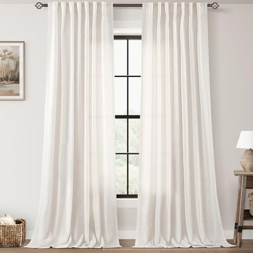 Jolilight 96 inch Long Linen Curtains 2 Panels for Living Room Back Tab Cream Ivory Light Filtering Semi Sheer Curtain 96 inches Long Boho Farmhouse Rustic Linen Drapes Floor to Ceiling Length 8 FT