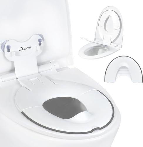 Orzbow Plegable Adaptador Wc Niños, Portatil Reductor Wc Niños con Barrera para Orina, Universal Adaptador Baño para Niños con Ventosa, Longitud Ajustable, Fácil de Instalar, Blanco