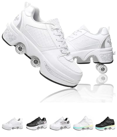 Chaussures à roulettes,Chaussure Roller Fille avec 4 Roues,2 en 1 Basket à roulettes,roulettes pour Chaussures pour Enfants Garçons Filles Hommes et Femmes (Silver White, EU-38)