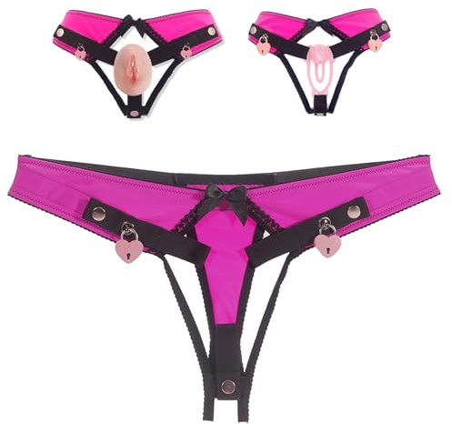 Male Chastity Cage Sex Toys, Realistic Pussy Cock Cage Lock & Chastity Sexy Underwear Adjustable Strap on Harness Chastity Belts Devices, SM Bondage Sex Toy for Gay Sissy Men Cage(M-Rose-Belt)