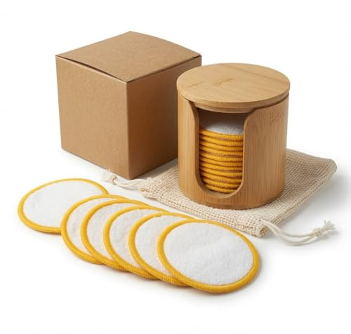 Set Premium Ecofriendly: 20 Dischetti Struccanti Riutilizzabili in Bambù Lavabili + Porta Dischetti in Legno Naturale e Sacchetto Cotone – Kit Zero Waste Morbido per Pelle Sensibile