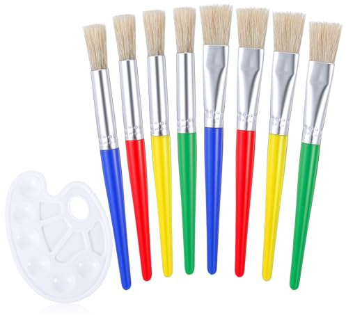 Ensemble de 8 pinceaux pour enfants avec palette, comprenant 4 pinceaux ronds et 4 grands pinceaux plats pour tout-petits, adaptés à la peinture acrylique lavable.