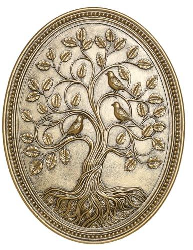 Tree of Life Wall Art Framed Hanging Plaque with Three Relief Birds, Vintage Wall Decor 3D Oval Resin Bronze Inspirational Gifts for Home Office Living Room Bedroom