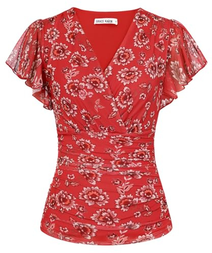 GRACE KARIN Sommarblusar för damer, kort volangärm, omlottad rynkad blommig vardaglig topp smal passform, retro, boho-toppar, tunika blus, Rödbrun blommig, XL