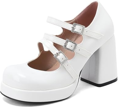 TNMIUH Zapatos Mary Jane con Plataforma para Mujer Zapatos de Tacón Ancho de Charol Triple Hebilla de Brillantes Estilo Lolita Gótica Zapatos de Vestir Retro con Punta Cuadrada,Blanca,44 EU