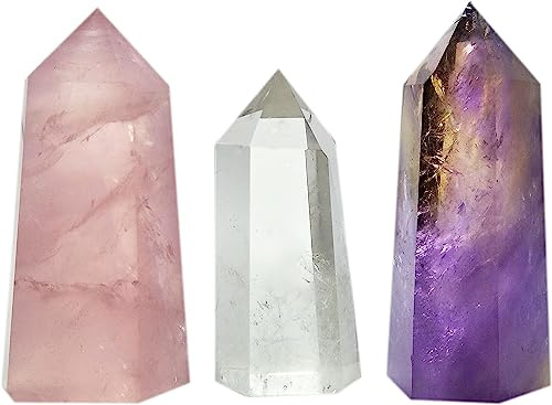Mina Heal helande kristallstavar punktfasetterade prisma för Reiki chakra-meditationsterapi heminredning, set med 3 (rosenkvarts, klar kvarts och ametist)