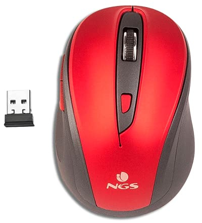 NGS EVO MUTE RED - Ratón Óptico Inalámbrico 2.4GHz, Ratón USB para Ordenador o Laptop Con 5 Botones Silenciosos y Scroll, 800/1600dpi, Rojo