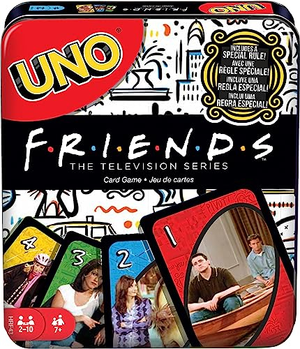 Mattel Games UNO Friends - Juego de cartas en lata de almacenamiento, coleccionables inspirados en la serie de televisión (exclusivo de Amazon)