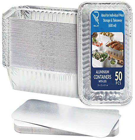 Rollay 50 Pack Aluminium Foil Food Containers with Lids 600ml - Tin Foil Trays with Lids for Food Storage, Baking, Roasting, Takeaway, and Party - Disposable Food Storage Containers