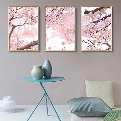 Quadri Camera da Letto, 3 Pezzi Stampe di Arte Della Parete Manifesto Stile Giapponese Fiore di Ciliegio Paesaggio Tela Pittura Gatto Rosa Manifesto e Stampe Soggiorno - 40x50cm Senza Cornice