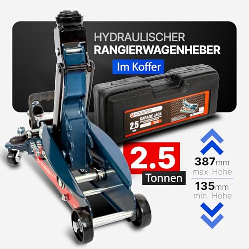 FORSAGE wagenheber 2 5 t hydraulisch Trolley Jack mit 140-387mm Hubhöhe, inkl. wagenheber flach und robustem Transportcase für PKW, Vans und SUVs