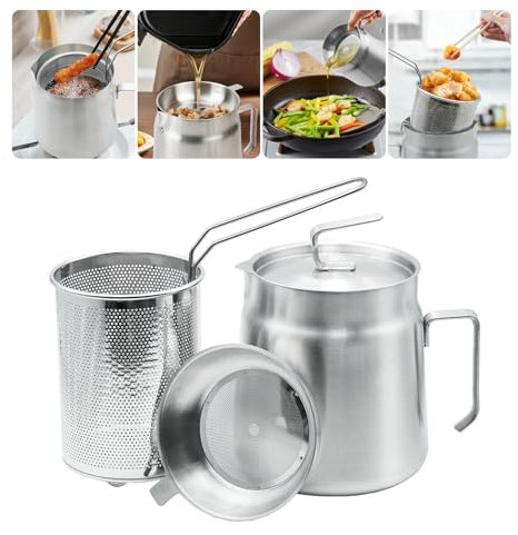 68oz Stainless Steel Oil Filter Pot with Deep Fryer Basket - Kitchen Large Capacity Versatile Oil Strainer Vessel and Bacon Grease Saver for Cooking Grease