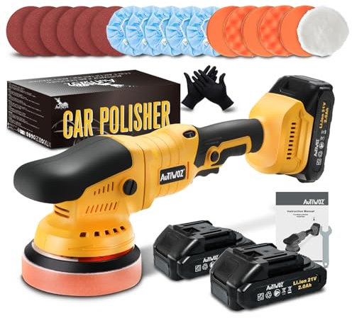 AUTIWOZ 21V Akku Poliermaschine Auto,Exzenterpolierer Orbit 9mm,Professionell Puffer/Polier mit 2 Batterien,6 Geschwindigkeit 2800-5800RPM,Polierte Polieren Auto Boot Motorrad,125mm Polierschwamm
