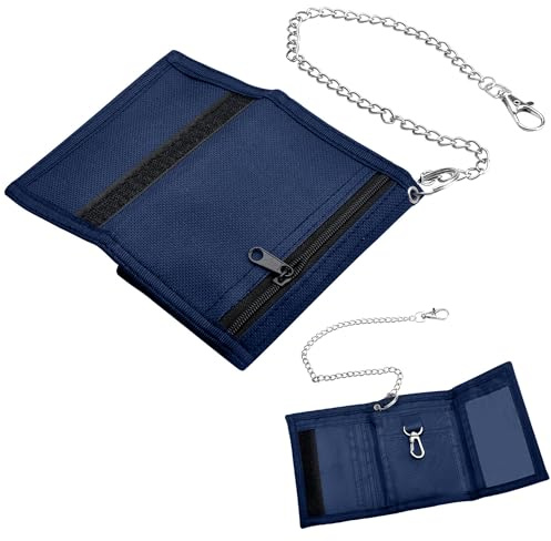 Geldbeutel Kinder Slim Jungen Portmonee Kinder mit Ketten Clip Reißverschluss, Faltbare Dreifache Wallet Unisex Portemonnaie Portmonee für Münztasche Kartenhalter Geschenke(Marineblau)