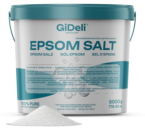 GiDeli Epsom sale 5 kg di solfato di magnesio di qualità farmaceutica Sali da bagno in secchio - 100% puro sale naturale per la cura della pelle, bagno relax (5000 g)