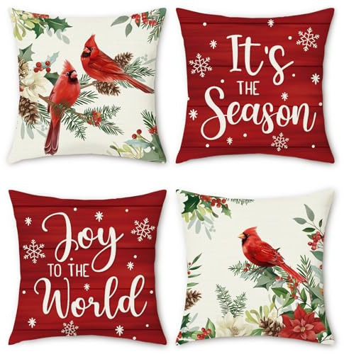 Bonhause Christmas Cardinal Throw Pillow Covers 18 x 18 Inch Poinsettia Red Bird Holly Berries Floral Joy to the World Decorative Pillows for Sofa Couch Winter Holiday Decor Set of 4