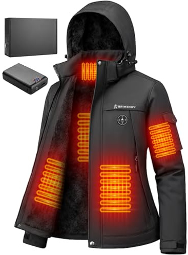 Giubbotto Riscaldato Donna in Fleece con Cappuccio, Impermeabile e Antivento, 6 Zone di Riscaldamento, Batteria 20000mAh, 3 Livelli Temperatura, Giacca Riscaldata per Sci, Snowboard, Campeggio(Nero)