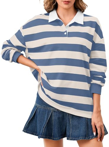 Soamat Felpa Polo da Donna Oversize a Righe a Maniche Lunghe con Colletto da Rugby Pullover Top Vestibilità Ampia Camicia, Blu e bianco., XL