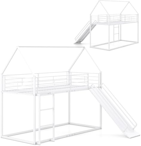 LIFEZEAL Struttura Letto a Soppalco 90x200cm, per Bambini, Adulti, con Sponda, Rete in Metallo, Scivolo, Scale, Spaizo, Forma di Casa, Letto a Castello Montessori, per Cameretta, Dormitorio (bianco)