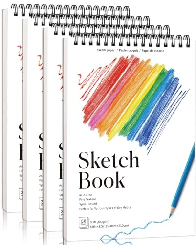 4 Pack A5 Sketchbooks, Top Spiral, 30 Sheets, 100gsm, Acid-Free | Hardcover with rigid backing board, lay-flat top spiral, fine-textured paper for pencil, ink and charcoal